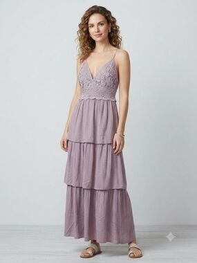 Rebellion Again Lace-Trim Lavender Tiered Maxi Dress Size XL